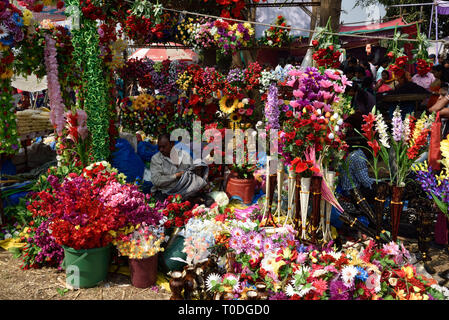 Plastikblumen Anbieter, Holi Festival, Goligadh, Navsari, Gujarat, Indien, Asien Stockfoto