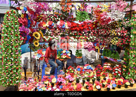 Plastikblumen Anbieter, Holi Festival, Goligadh, Navsari, Gujarat, Indien, Asien Stockfoto