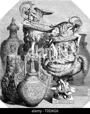 Digital verbesserte Reproduktion, Keramik, Vasen auf der Weltausstellung 1855 in Paris, Frankreich, original woodprint Th 19. Stockfoto