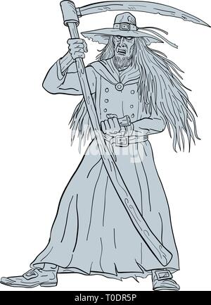 Zeichnung Skizze stil Abbildung: Ankou, Handlanger des Todes, keltischer Wächter der verlorenen Seelen und dem Friedhof watcher im Bretonischen Mythologie mit Hut und scyt Stock Vektor