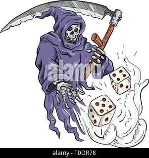 Zeichnung Skizze stil Abbildung: die Personifikation des Todes, der Sensenmann mit einer Sense werfen und die Würfel rollen auf isolierten weißen Ba Stock Vektor