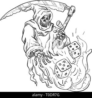 Zeichnung Skizze stil Abbildung der Sensenmann mit einer Sense wirft die Würfel rollen auf isolierten weißen Hintergrund in Schwarz und Weiß. Stock Vektor