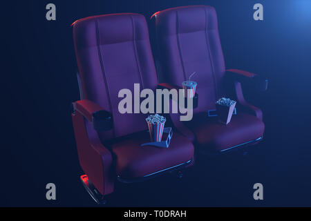 Kino film concpet mit Popcorn, 3D-Brillen, Popcorn und eine Tasse mit einem Getränk. Kino Konzept mit blauem Licht. Rote Stühle im Kinosaal, 3D Stockfoto