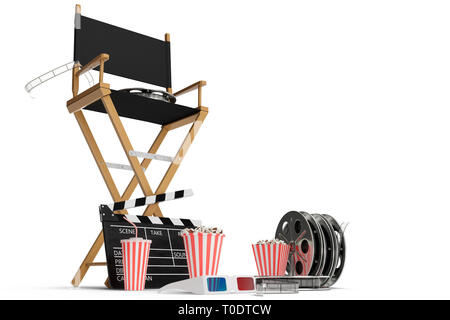 3D-Illustration, Direktor Stuhl, filmklappe, Popcorn, 3D-Brillen, Filmstreifen, Filmrolle und Tasse mit kohlensäurehaltigen Getränk auf weißem Hintergrund Stockfoto