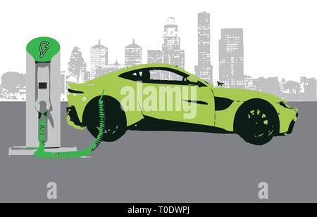 Elektroauto aufladen an der Ladestation Stadt Hintergrund Stock Vektor