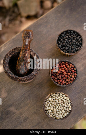 Organische kampot weiß rote und schwarze Pfefferkörner in natürlichen Landhausstil Holz Anzeige in Kambodscha mit traditionellen Mörser und Stößel Stockfoto