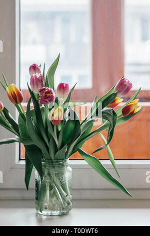 Bunte Tulpen in einem Glas Wasser auf der Fensterbank closeup Stockfoto