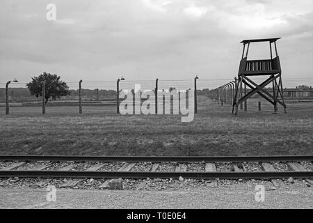 Ein Wachturm und Stacheldraht im Konzentrationslager Auschwitz II Birkenau in Polen Stockfoto