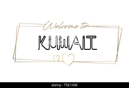 Kuwait Willkommen bei Text Neon Schrift und Typografie. Wort für Logo, Emblem, Symbol, Karte, Postkarte, Logo, Banner mit drahtgebundenen Golden Frames und Herzen des Stock Vektor