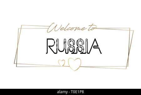 Russland Willkommen bei Text Neon Schrift und Typografie. Wort für Logo, Emblem, Symbol, Karte, Postkarte, Logo, Banner mit drahtgebundenen Golden Frames und Herzen des Stock Vektor