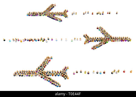 Masse von kleinen symbolischen Figuren bilden Flugzeuge Form, 3D-Darstellung, horizontal, isoliert, über Weiß Stockfoto