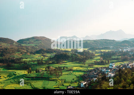 Blick auf das Tal mit blühenden Raps Blumen in der chinesischen Landschaft Stockfoto