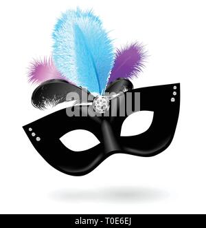 Schwarz Karneval Maske mit blau rosa violett Federn auf weißem Hintergrund Stock Vektor