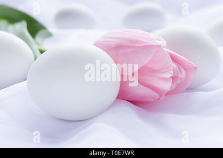 Weiße Ostern Eier und pink tulip Festlegung auf weißem frische Bettwäsche Stockfoto