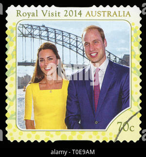 Australien - ca. 2014: einen gebrauchten Briefmarke aus Australien, zeigt ein Bild von Royals Prinz William und Prinzessin Kate, Königlicher Besuch in Australien. Stockfoto