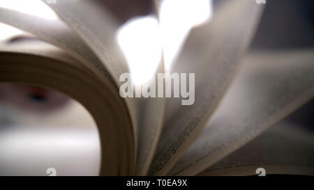 Frau durch ein Buch blättern, close-up Seiten Stockfoto