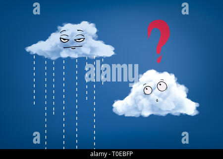 3D-Rendering von zwei smiley Wolken eines strömenden Regen und eine mit einem Fragezeichen auf blauem Hintergrund Stockfoto