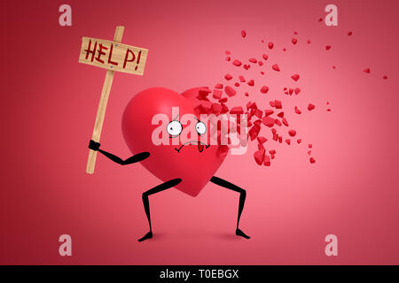 3D-Darstellung des Herzens mit cartoon Arme und Beine und trauriges Gesicht halten Schild mit der Aufschrift 'HILFE', der einen Seite des Herzens Start in die Partikel aufzulösen. Stockfoto