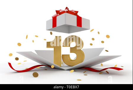Glücklich 13. Geburtstag gold Überraschung boxwith Red Ribbon. 3D-Rendering Stockfoto