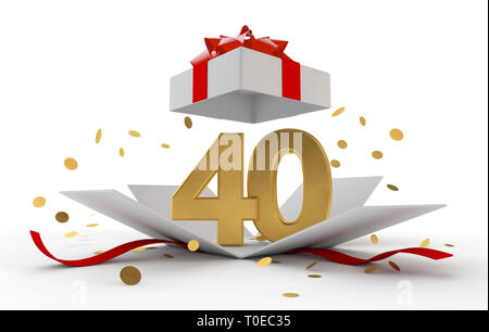 Happy 40th birthday gold Überraschung boxwith Red Ribbon. 3D-Rendering Stockfoto