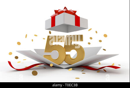 Happy 55th birthday gold Überraschung boxwith Red Ribbon. 3D-Rendering Stockfoto