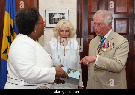 Der Prinz von Wales und die Herzogin von Cornwall mit Couchtisch Buch über Barbados während ihres Treffens mit dem Premierminister von Barbados vorgestellt, Ms Mia Mottley beim Europäischen Parlament, Bridgetown, Barbados, da sie weiterhin ihre Tour durch die Karibik. Stockfoto