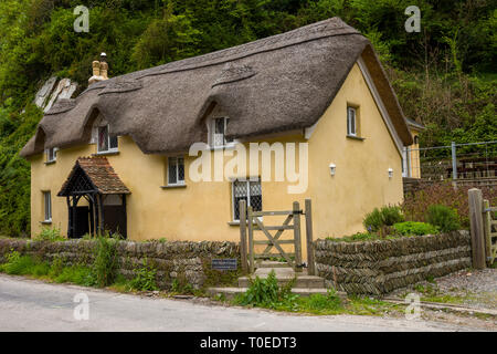 Die strohgedeckten Alten Zimmermädchen Cottage in Lee der Bucht in North Devon, England. Stockfoto