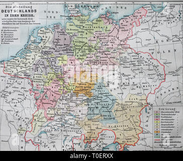 Historische Karte Deutschland Einteilung in zehn Bezirke im 16. Jahrhundert, Imperial Kreis/Historische Landkarte, die Einteilung in zehn Kreise im 16. Jahrhundert, Reichskreise Stockfoto