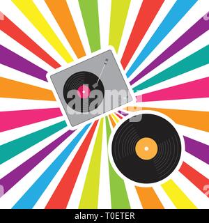 Vintage vinyl Plattenspieler auf bunten Streifen Hintergrund Stock Vektor