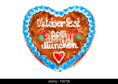 Gemalt 2019 Oktoberfest Lebkuchenherz mit weißem Hintergrund isoliert. Oktober Festival ist ein saisonales Bier Veranstaltung in München (Deutschland). Traditionelle Stockfoto