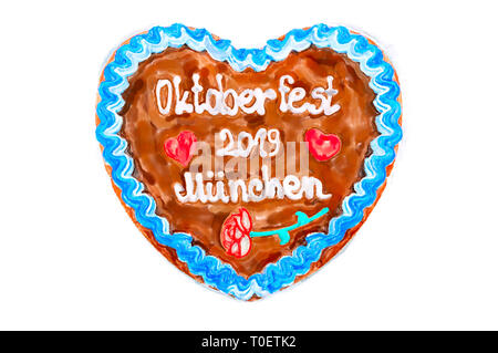 Oktoberfest 2019 Lebkuchenherz mit weißem Hintergrund isoliert. Oktober Festival ist ein saisonales Bier Veranstaltung in München (Deutschland). Traditionellen Herzen Ca Stockfoto