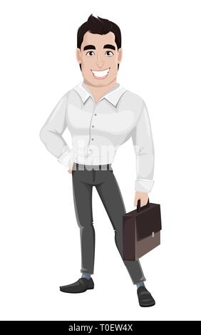Junge glücklich lächelnde Geschäftsmann. Muskulös gut aussehender Geschäftsmann holding Aktentasche. Cartoon Charakter. Vector Illustration. Stock Vektor