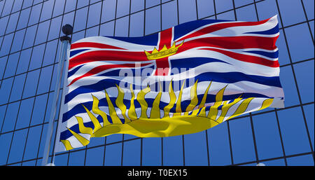 British Columbia, Kanada Flagge auf Wolkenkratzer Gebäude Hintergrund. 3D-Darstellung Stockfoto