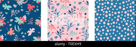 Drei moderne, lustige, bunte Vektor nahtlose florals Stock Vektor