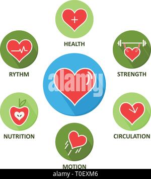 Gesundes Herz Kreis Symbole mit langen Schatten. Stock Vektor