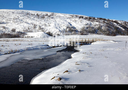 Brücke, Winter im Glen Avon, Cairngorms, Scotlasnd, UK. Stockfoto