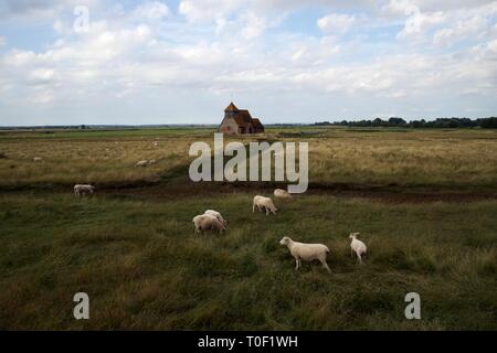 Panoramablick auf die berühmte Kirche St. Thomas à Beckett, Fairfield, Romney Marsh, Kent mit Schaf im Vordergrund Stockfoto