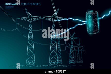 Polygonale Alkaline Batterie power line berechnet. Hohe Spannung der elektrischen Turm pylon. Lightning Thunder Low Poly polygon Partikel Raum dunkler Himmel Stock Vektor