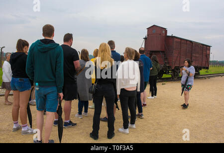 Oswiecim, Polen - 11. Juli 2018. Eine Reisegruppe Volksmengen um ihren Führer, wie sie erklärt, den Wagen an der Entladerampe an der Birk Stockfoto