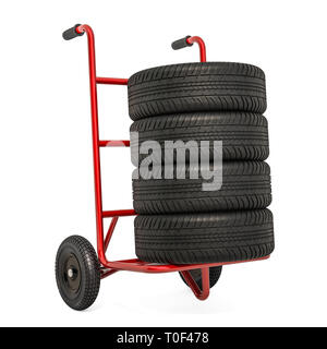 Hand-Lkw mit Autoreifen. 3D-Rendering auf weißem Hintergrund Stockfoto