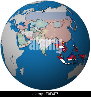 Die ASEAN-Länder, Territorien und Flaggen auf politische Karte von Asien Stockfoto