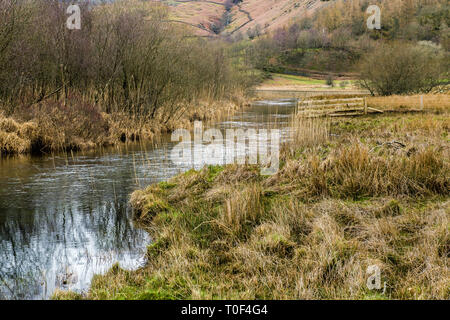 Der Abfluss von Little Langdale Tarn in der Kleinen Langdale Valley, Lake District National Park. Dies ist der Beginn des Flusses Brathay. Stockfoto