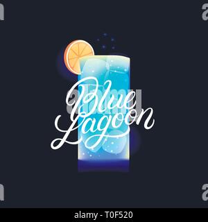 Alkohol cocktail Blue Lagoon. Moderne handgeschriebene Schrift Label. Der dunkle Hintergrund. Trendy Flat Style. Vector Illustration. Stock Vektor