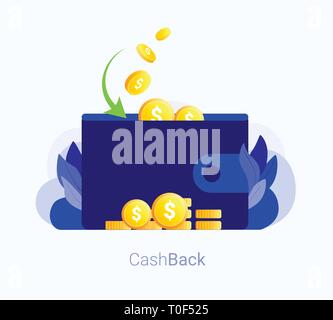Cash Back Konzept. Wallet mit Geld und Gold Münzen zurück. Cash Back Banküberweisung. Trendy Flat Style. Vector Illustration Stock Vektor