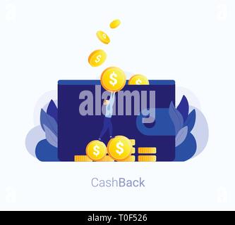 Cash Back Konzept. Wallet mit Geld, Mann legt Münze in die Brieftasche. Gold Münzen zurück. Cash Back Banküberweisung. Trendy Flat Style. Vector Illustration Stock Vektor