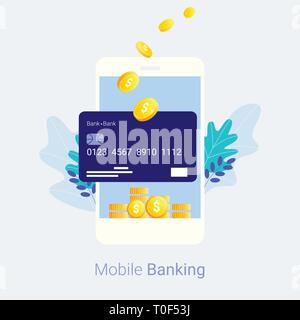 Mobile Payment Konzept. Schutz personenbezogener Daten. Smartphone, Kreditkarte und Überweisung. Trendy flache Bauform. Vector Illustration. Stock Vektor
