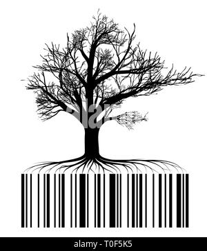 Schwarzer baum Kontur mit Wurzeln. Wurzeln in Form eines Barcodes. Verkauf von Holz-, Umwelt- oder Naturschutz. Stock Vektor