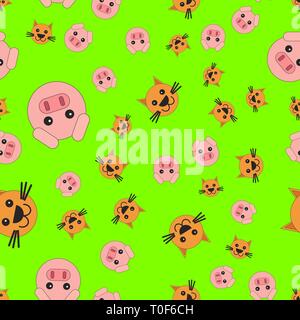 Nahtlose Muster der Katze und Schwein. Vector Illustration im Cartoon Stil auf einem farbigen Hintergrund. Stock Vektor