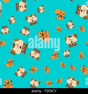 Nahtlose Muster von Katze und Hund. Vector Illustration im Cartoon Stil auf einem farbigen Hintergrund. Stock Vektor