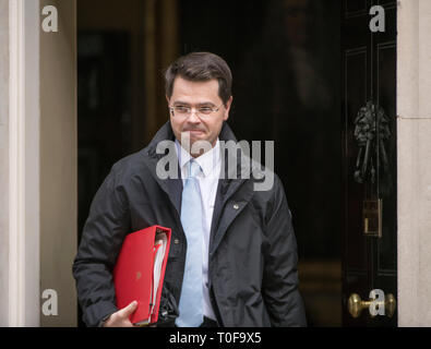 Downing Street, London, UK. 19. März 2019. James Brokenshire, Staatssekretär für Wohnungswesen, Gemeinschaften und lokale Regierung verlässt Downing Street nach der wöchentlichen Kabinettssitzung. Credit: Malcolm Park/Alamy Leben Nachrichten. Stockfoto